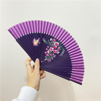 中国风日式精美女士喷绘折扇工艺真丝扇子夏季绢扇舞蹈演出折叠扇