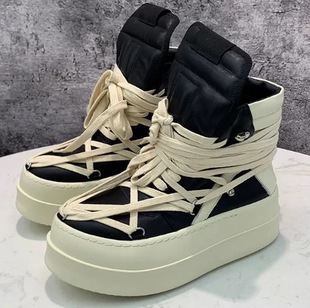 另类高帮鞋 有范男鞋 街拍暗黑绑带个性 厚底增高黑白拼色休闲鞋 冬季