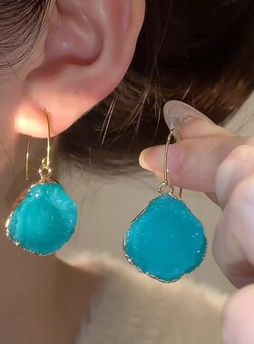 Loga.Py 蓝色眼泪夏清新时尚不规则宝石吊坠耳钩耳环小众设计耳饰