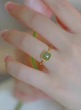 Loga.Py 和田玉绿色方糖戒指简约百搭国风女中式复古开口食指指环