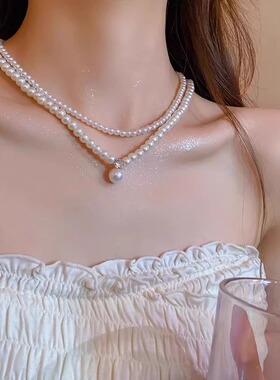 Loga.Py 双层叠带吊坠珍珠毛衣链项链女2025新款轻锁骨链夏季配饰