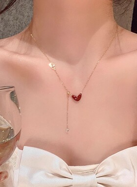 Loga.Py 新年红滴油爱心流苏项链女配饰简约气质锁骨链毛衣链颈链