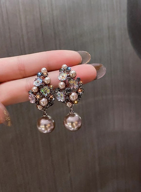 Loga.Py 法式复古花朵耳环新款爆款咖色珍珠耳钉气质耳坠耳饰女夏