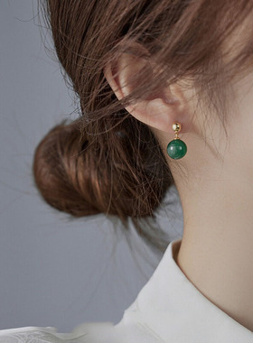 Loga.Py 中式阳绿祖母绿耳钉气质大气小众独特女绿色玉石耳环耳饰