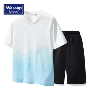 t恤男潮牌纯棉上衣打底衫 WASSUP夏季 新款 撞色短袖 青少年休闲短裤