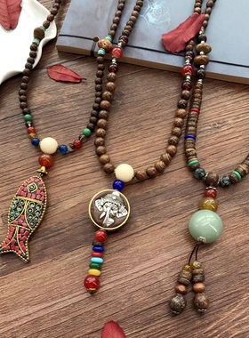 尼泊尔复古民族风长款项链毛衣链鸡翅木男女菩提佛珠时尚百搭配