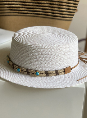 春夏时尚中国风平顶草帽女士沙滩旅游遮阳防晒帽子白色平沿编织帽