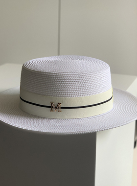 大小姐时尚优雅遮阳帽防晒平顶草帽女简约气质白色平檐礼帽法式