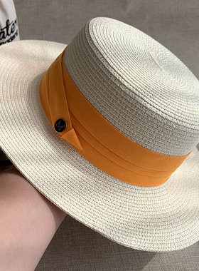 夏季新款草帽女平檐遮阳帽白色出游草编帽子女士橘色带平顶太阳帽