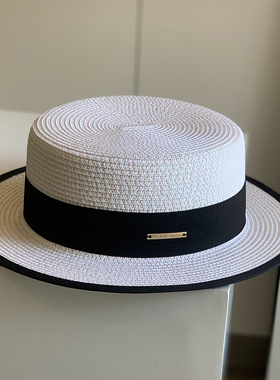 草帽女夏海边遮阳平沿帽男女百搭防晒沙滩太阳帽平顶礼帽白色英伦