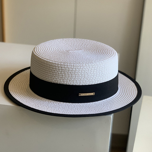 草帽女夏海边遮阳平沿帽男女百搭防晒沙滩太阳帽平顶礼帽白色英伦