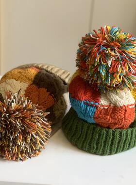 可爱羊潮流彩色拼色菱格大毛针织帽女秋冬保暖毛球护耳毛线帽加厚