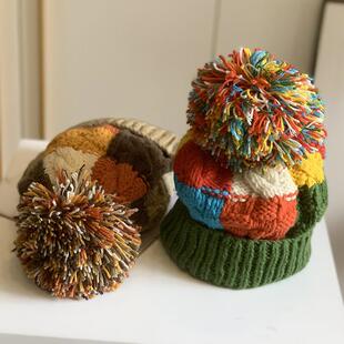可爱羊潮流彩色拼色菱格大毛针织帽女秋冬保暖毛球护耳毛线帽加厚