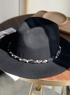 2025新款黑色羊毛呢礼帽女秋冬羊毛呢宽沿法式小香风爵士帽子潮