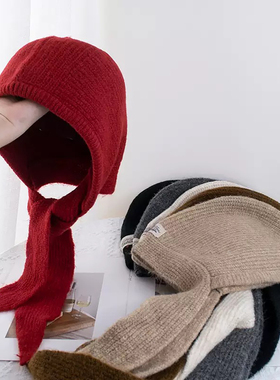 巴拉克拉法帽绑带针织毛线帽女秋冬护耳保暖围脖一体连帽围巾红色