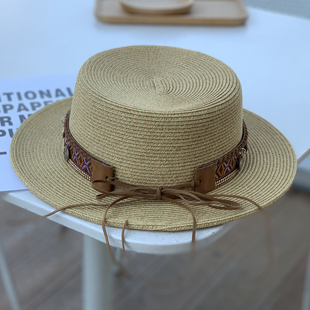 新款 遮阳平顶礼帽民族风防晒沙滩帽 高品质细辫波西米亚草帽女夏季