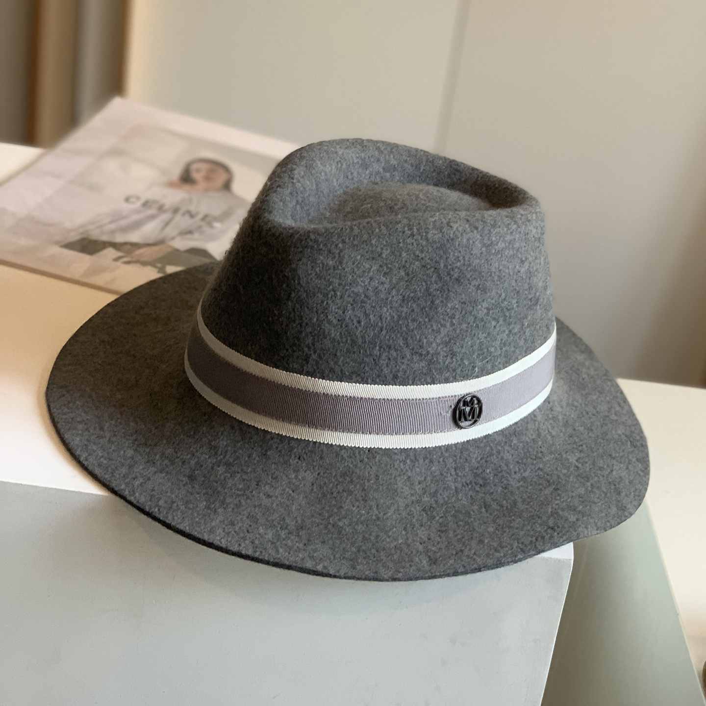 英伦风羊毛礼帽男女秋冬宽檐灰色