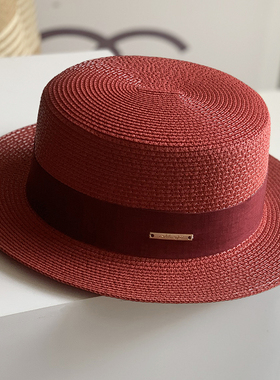 草帽女夏天复古红色英伦平顶礼帽韩版沙滩帽防晒遮阳帽网红平顶帽