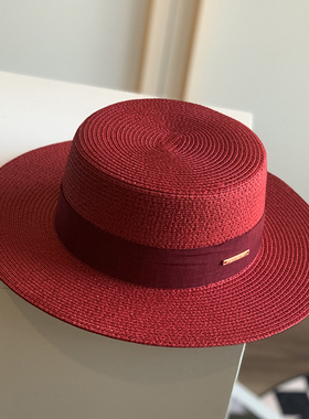 复古红韩版夏季草帽女优雅平顶帽度假百搭休闲宽沿平檐礼帽逛街潮