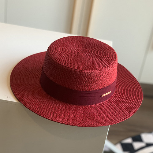 复古红韩版夏季草帽女优雅平顶帽