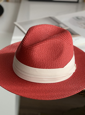 英伦红色礼帽休闲风女帽子出游草编草帽春夏潮搭遮阳帽平檐爵士帽