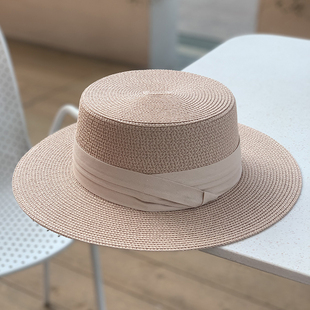 粉色平沿防晒帽女平顶三折带礼帽夏季 宽沿帽 甜美韩系遮阳草帽法式