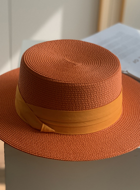 2025新款法式宽沿平顶草帽女夏季海边沙滩帽遮阳帽草编太阳帽橙色