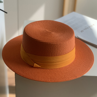 海边沙滩帽遮阳帽草编太阳帽橙色 宽沿平顶草帽女夏季 2025新款 法式
