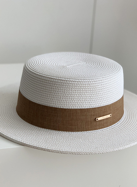 草帽女春夏法式平顶礼帽英伦遮阳防晒出游海边平沿帽子白色网红款