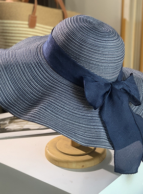 原单女士夏季遮阳帽超大沿15cm大檐帽麻质蝴蝶结沙滩帽可折叠防晒