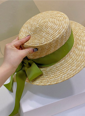 法式绿色飘带蝴蝶结小檐麦秆草帽女夏季遮阳防晒百搭沙滩太阳帽子