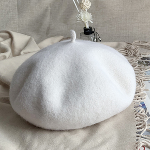 羊毛贝雷帽女秋冬新款 画家帽纯色日系白色名媛温柔立体蓓蕾帽 韩版