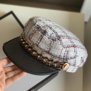 平顶帽子女报童帽格纹PU皮边复古韩版百搭画家帽mrduck鸭舌帽出街