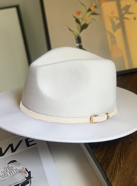 法式高品质白色羊毛呢礼帽英伦复古风女气质简约平沿平顶爵士帽子