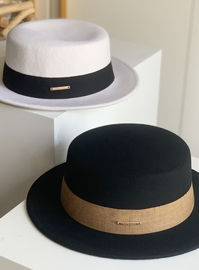 英伦复古平顶毛呢礼帽女秋冬季优雅宽檐白色爵士帽百搭平檐帽子男