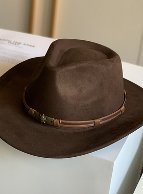 翘边民族风秋冬男女士仿麂皮绒骑士帽大檐遮阳大沿西部牛仔礼帽子