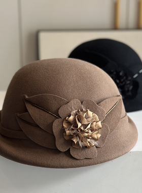 秋冬英伦羊毛呢女时装贝雷帽花朵