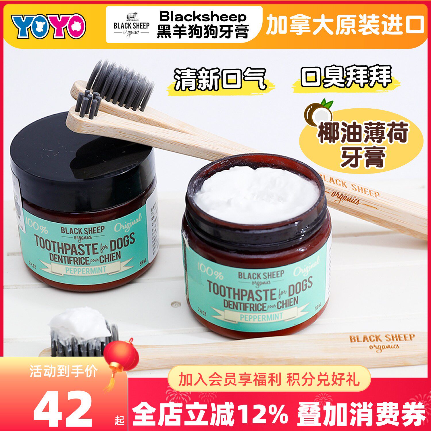 加拿大黑羊BlackSheep犬用椰油薄荷牙膏狗狗牙刷竹柄刷