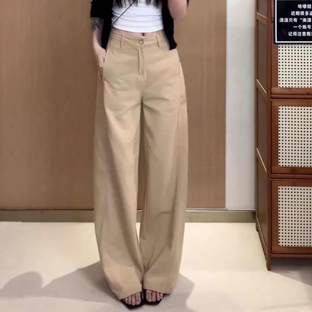 Ader卡其色窄版直筒牛仔休闲裤女2025春夏新款高腰显瘦减龄阔腿裤