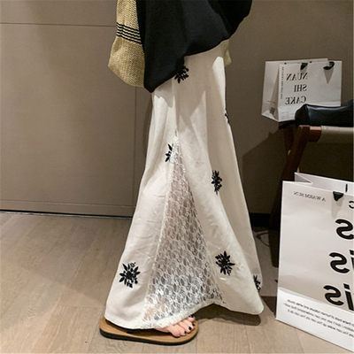 刺绣印花蕾丝拼接亚麻半身裙