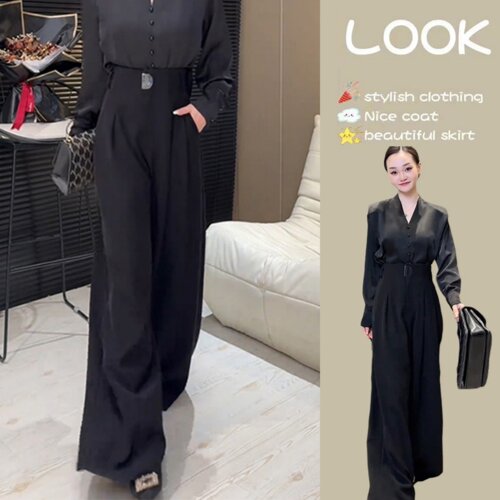 爆款黑色休闲高腰西装阔腿拖地裤