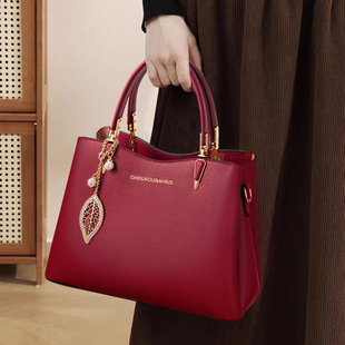 香港真皮妈妈包结婚包包新娘包红色喜婆婆婚礼中年手提包女女包