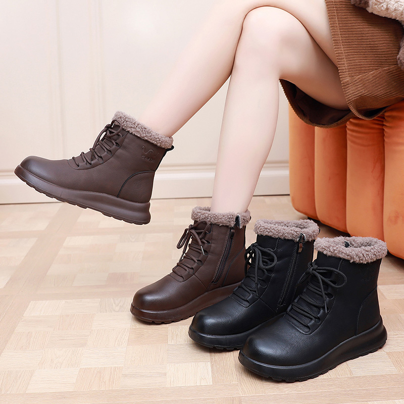 冬季新款皮鞋高帮平底休闲大棉棉鞋女士保暖加厚软底防滑加绒短靴