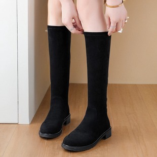 靴子女中筒靴加绒长筒靴不过膝冬季2026新款百搭平底显瘦绒面长靴