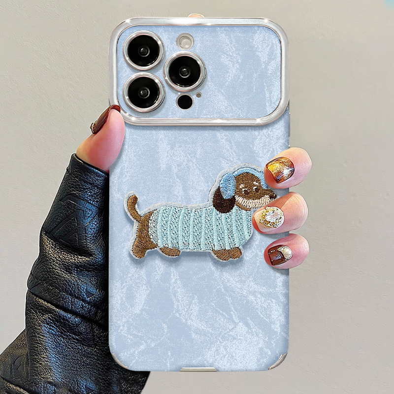 毛绒腊肠狗适用苹果17promax手机壳iphone15秋冬新款16可爱14电镀