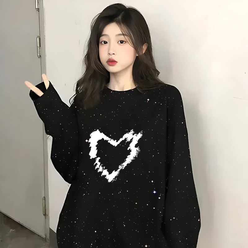 爆款休闲风简约韩版时尚印花黑色设计潮牌满天星亮片长袖上衣女款
