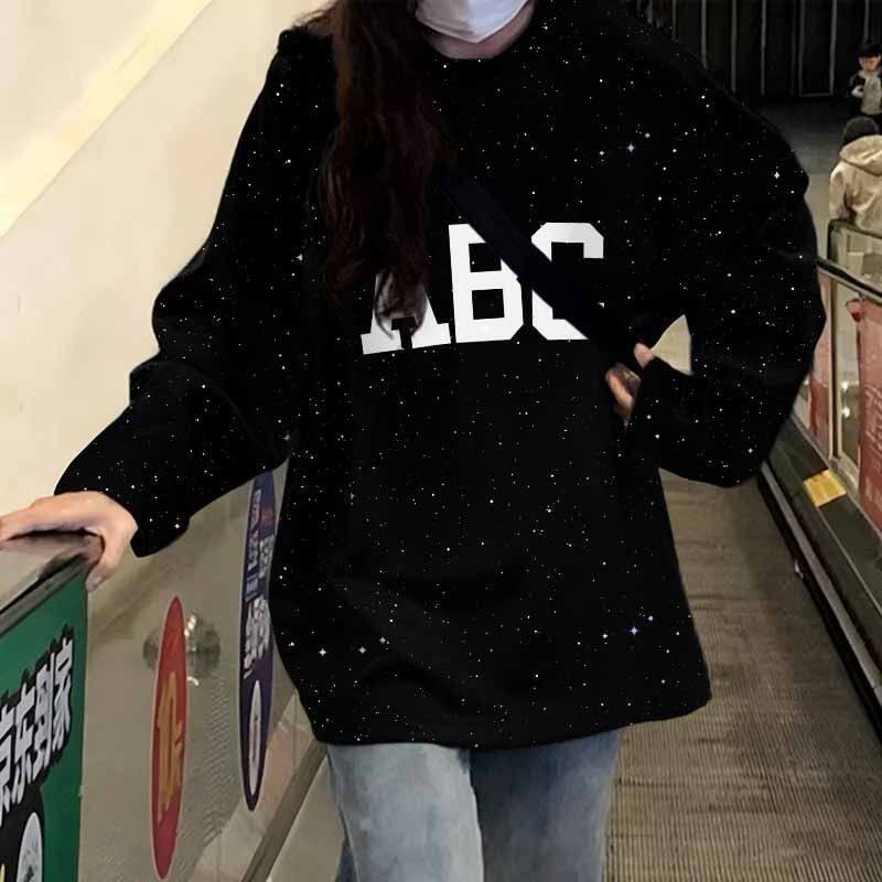 纯棉美式长袖T恤女秋季薄款宽松学生甜美亮片设计感小众黑色上衣