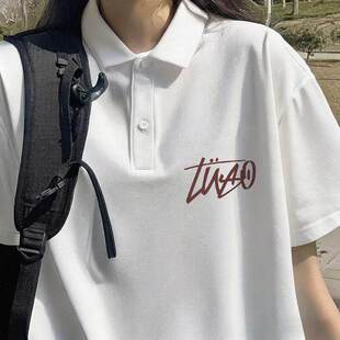 夏天2026新款翻领纯棉短袖T恤女生韩版ins学生宽松中长款POLO上衣