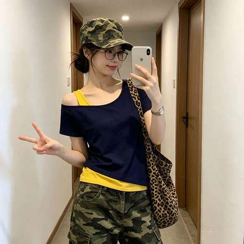 蓝黄ins设计感小众短袖T恤女生新款假两件设计原宿风百搭上衣潮流
