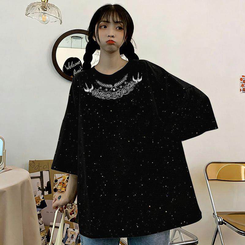 纯棉ins设计感小众短袖T恤女学生韩版宽松新款原宿风百搭亮片上衣